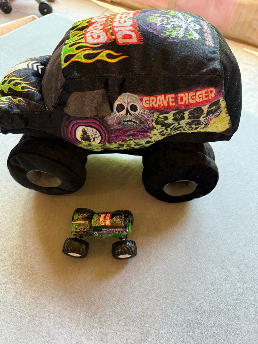 Grave Digger Monster Truck Bundle - Black and Green Kids Plush pillow & Truck